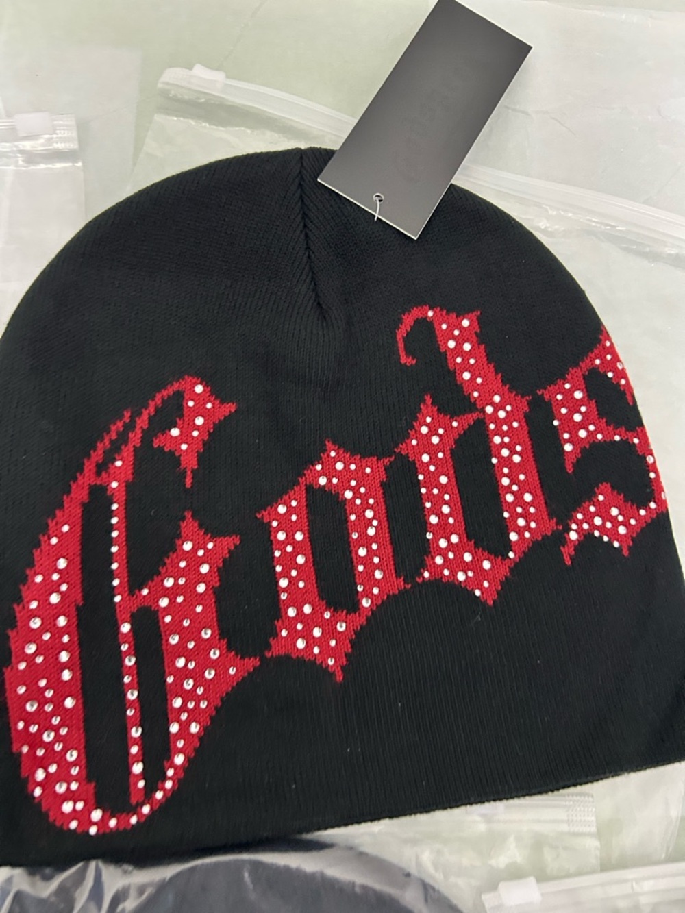 Black Beanie Hat with Red Studded Script